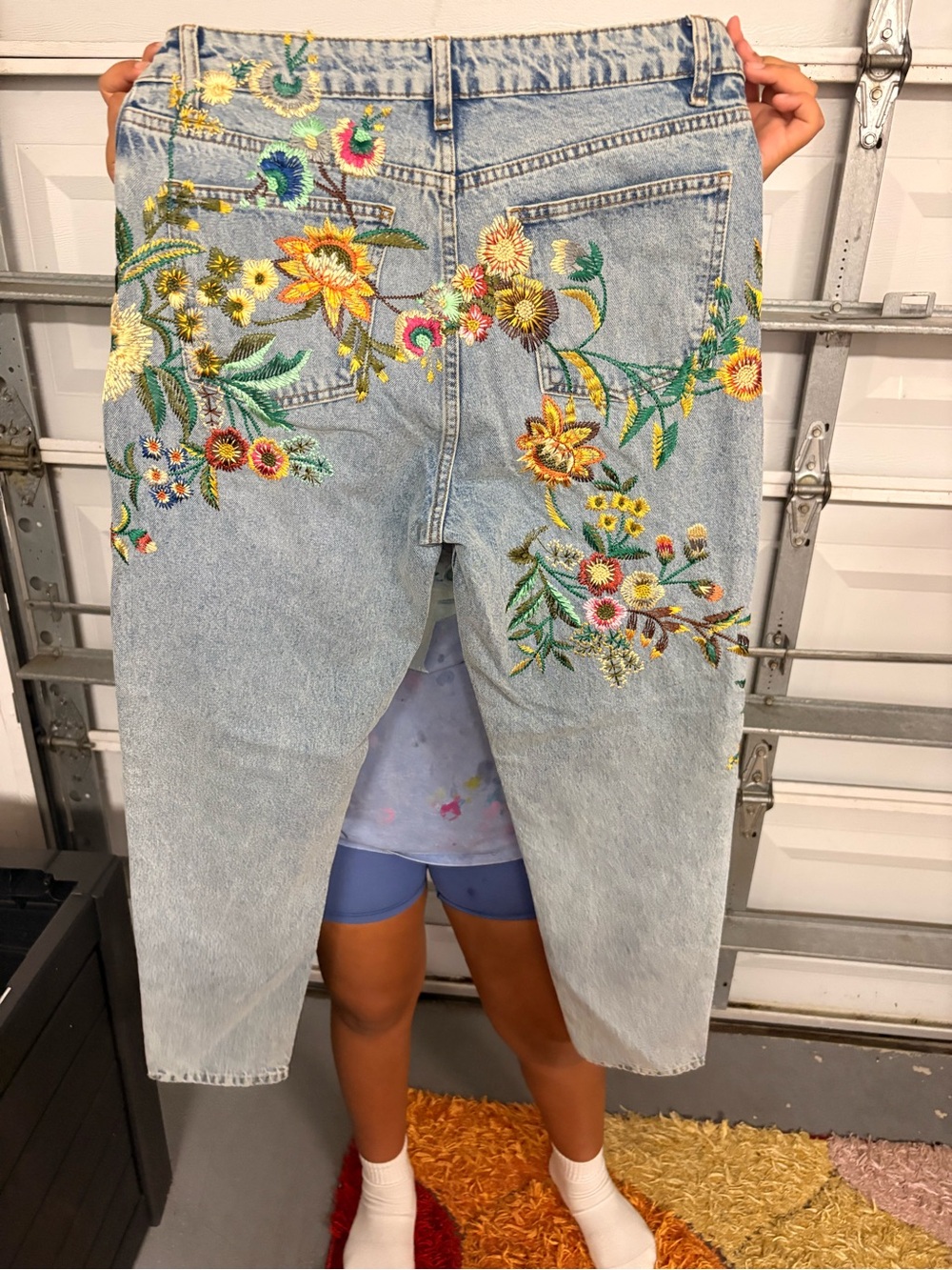 Topshop Light Blue Boyfriend Jeans with Multicolor Floral Embroidery